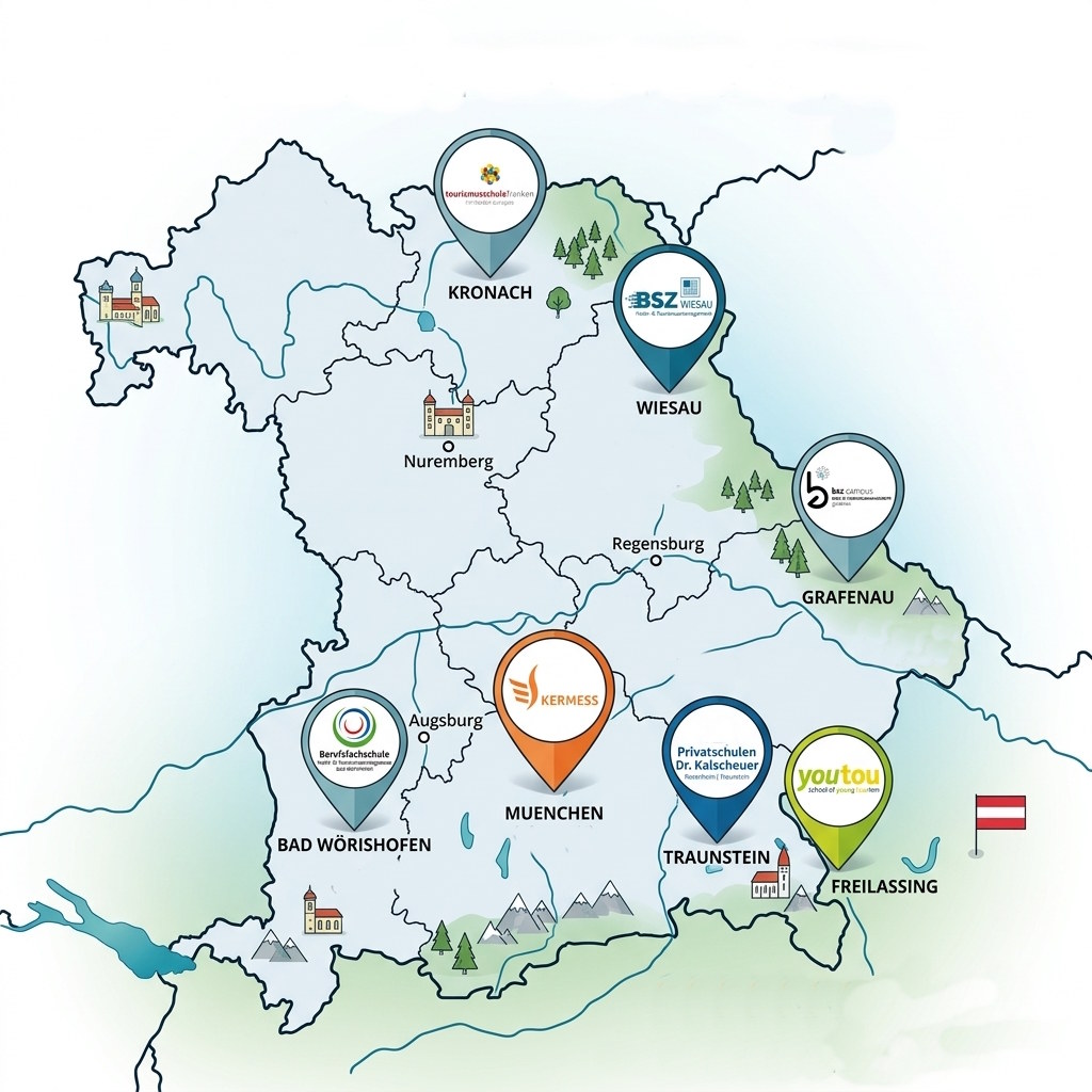 Landkarte der 7 bayerischen Tourismusschulen